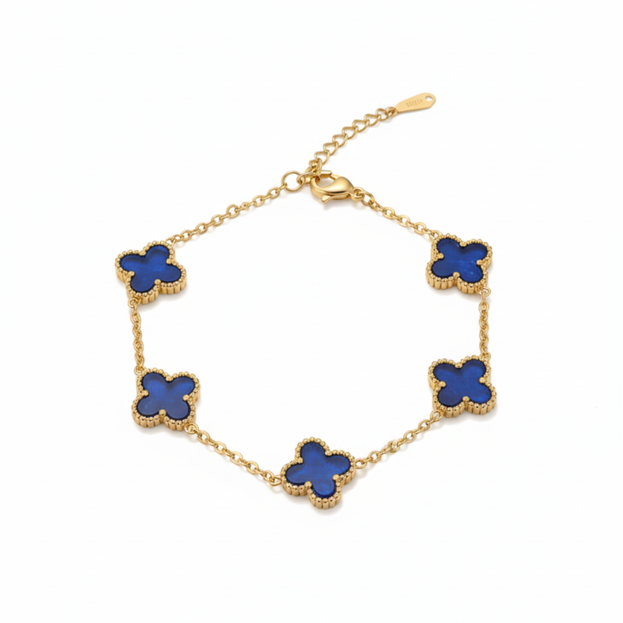 Conjunto Completo de Acero Chapado en Oro 18K con Tréboles Azules: Collar, Pendientes, Pulsera y Anillo Ajustable