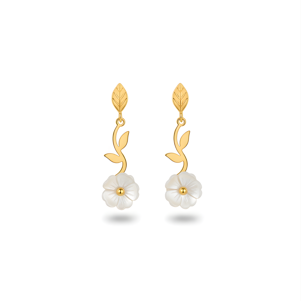 Pendientes Largos Colgantes Flor de Nácar y Hoja 100% Acero Bañado en Oro 18K