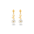 Pendientes Largos Colgantes Flor de Nácar y Hoja 100% Acero Bañado en Oro 18K