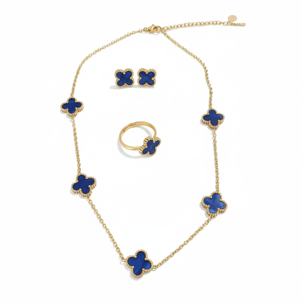 Conjunto Completo de Acero Chapado en Oro 18K con Tréboles Azules: Collar, Pendientes, Pulsera y Anillo Ajustable