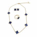 Conjunto Completo de Acero Chapado en Oro 18K con Tréboles Azules: Collar, Pendientes, Pulsera y Anillo Ajustable