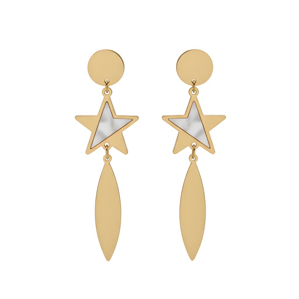 Pendientes Largos Colgantes de Estrella Nácar y Hoja 100% Acero Bañado en Oro 18K