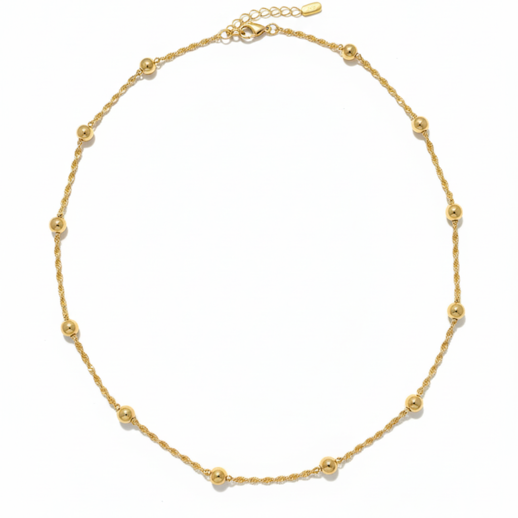 Collar de Acero Chapado en Oro 18K con Cadena Trenzada y Bolas Separadas
