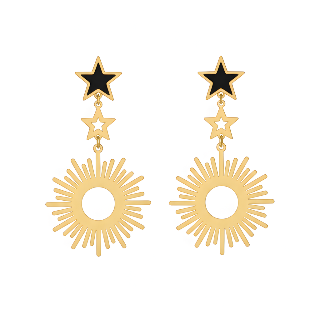 Pendientes Largos Colgantes Sol y Estrellas Esmalte Negro 100% Acero Bañado en Oro 18K