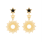 Pendientes Largos Colgantes Sol y Estrellas Esmalte Negro 100% Acero Bañado en Oro 18K