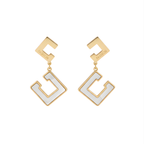 Pendientes Largos Colgantes Diseño Geométrico Nácar Blanco 100% Acero Bañado en Oro 18K