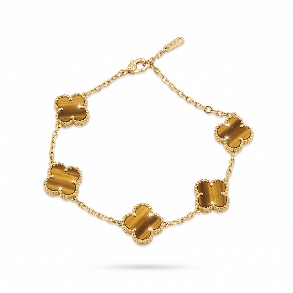 Pulsera Amuleto de Tréboles en Ojo de Tigre – 100% Acero Bañado en Oro 18K