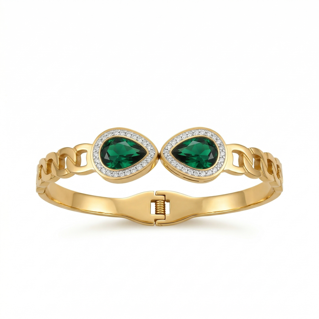 Pulsera Rígida con Dos Cristales Verdes y Circonitas - 100% Acero Bañado en Oro 18K