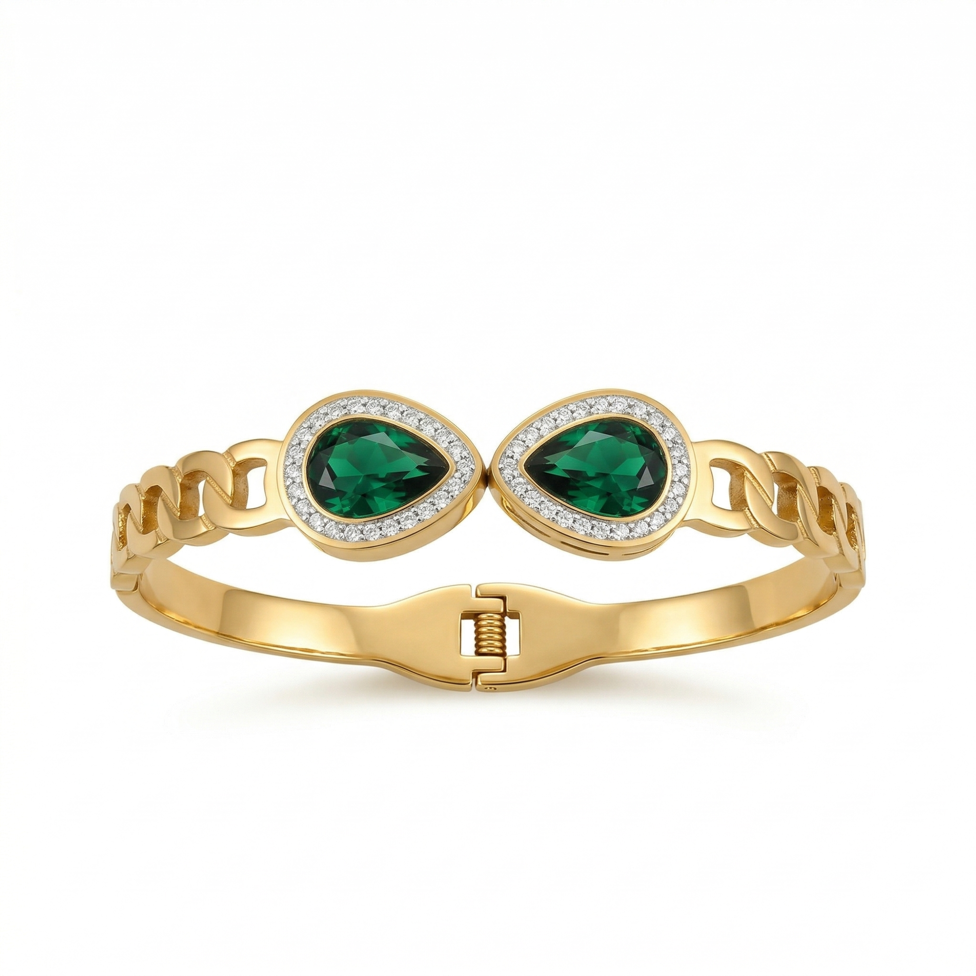 Pulsera Rígida con Dos Cristales Verdes y Circonitas - 100% Acero Bañado en Oro 18K