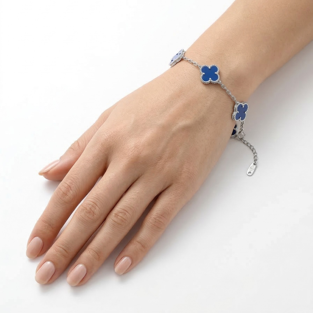 Pulsera de Trébol Azul Intenso 100% Acero Inoxidable Color Plata