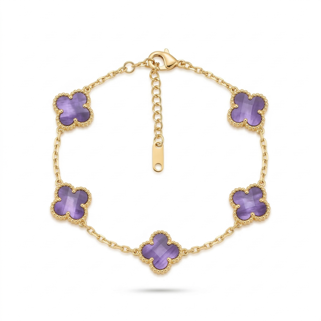 Pulsera de Trébol Morado Jaspeado 100% Acero Bañado en Oro 18K