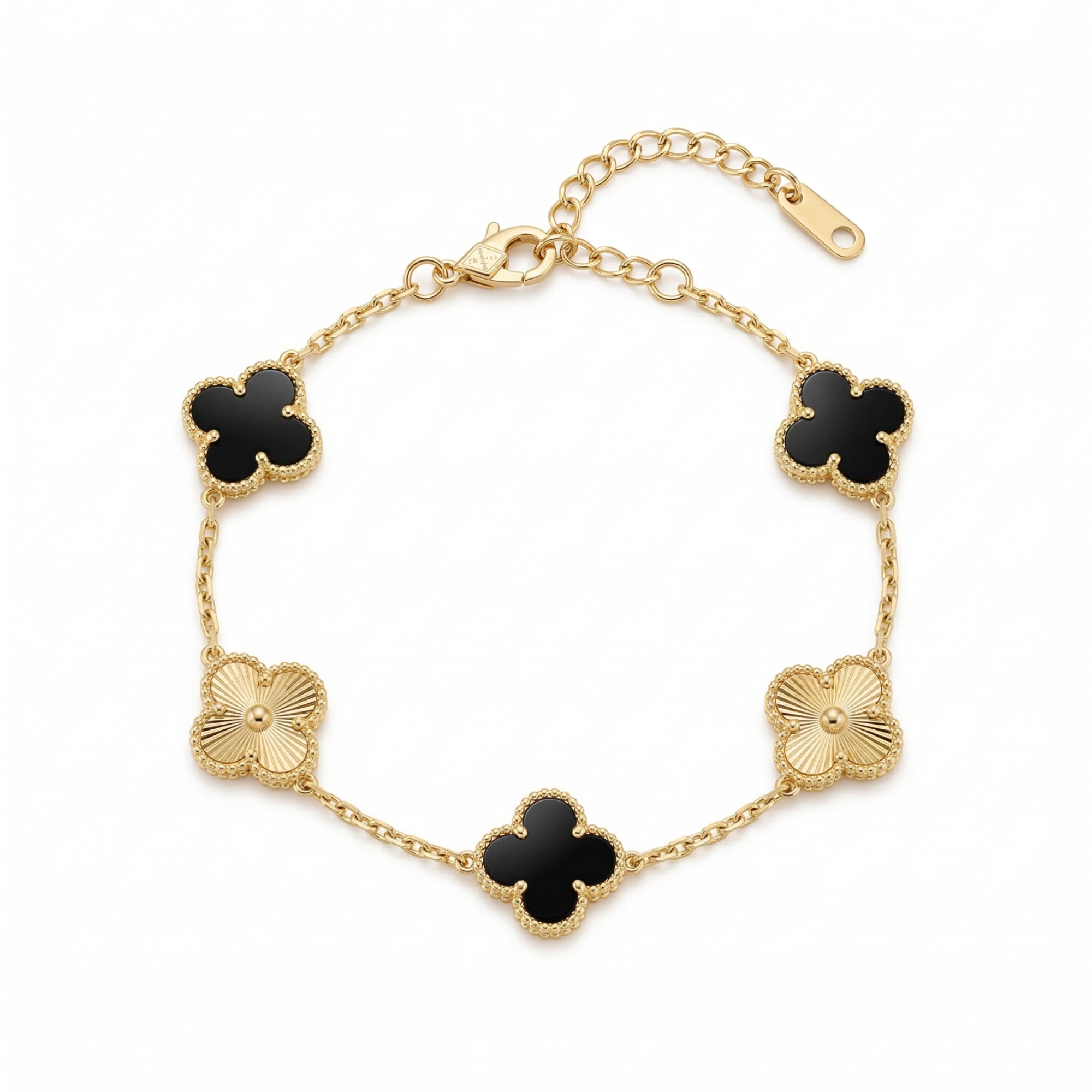 Pulsera de Trébol Alternado Negro y Dorado 100% Acero Bañado en Oro 18K