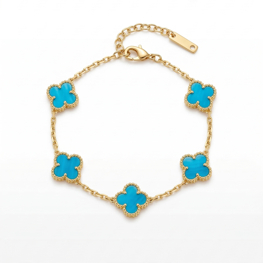 Pulsera de Trébol Azul Iridiscente 100% Acero Bañado en Oro 18K