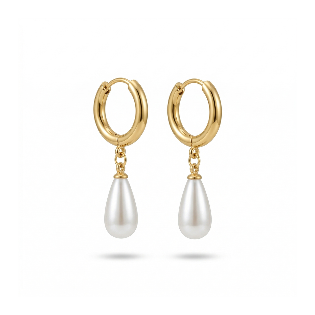 Pendientes de Aro con Perla en Forma de Gota - 100% Acero Bañado en Oro 18K