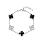 Pulsera de Trébol Plateada con Circonitas y Negro 100% Acero Inoxidable