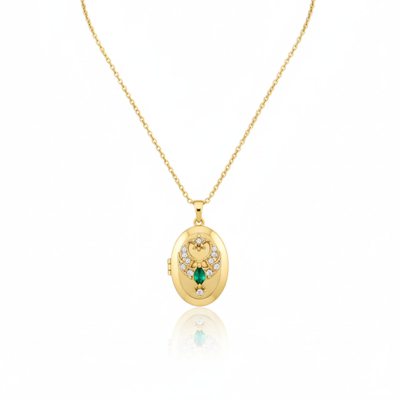 Collar Relicario Ovalado con Circonitas 100% Acero Bañado en Oro 18K