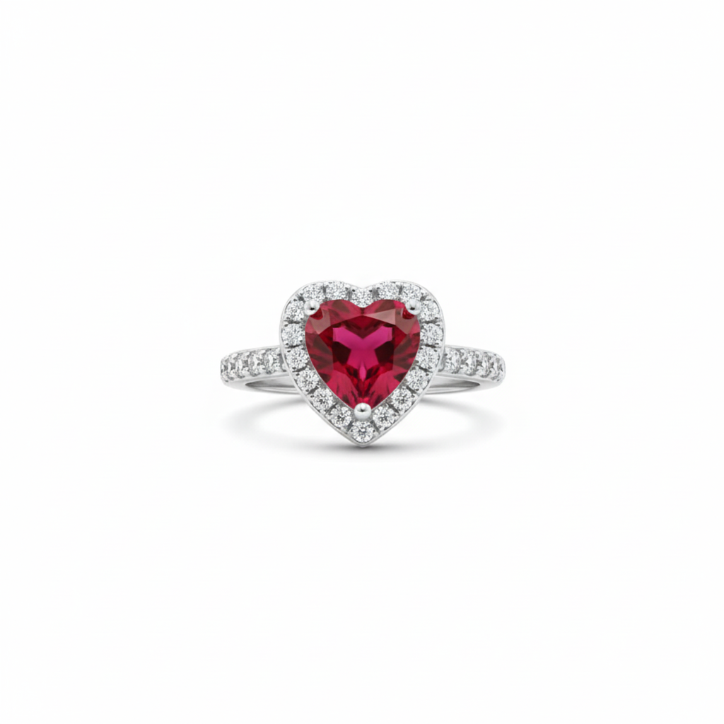 Anillo Ajustable "Reina de Corazones" con Circonita Roja y Halo – Acero Bañado en Oro Blanco 18K