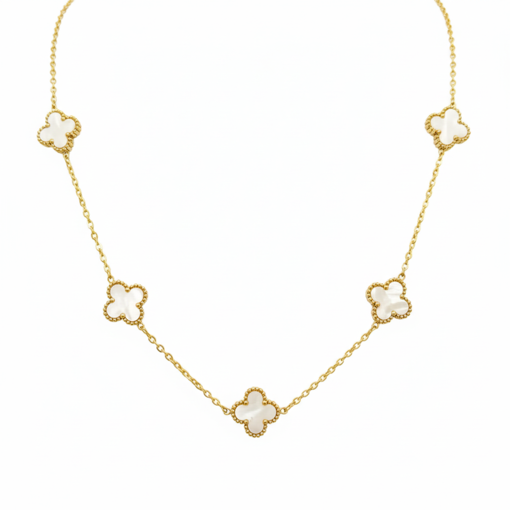 Collar de Trébol Blanco Nácar 100% Acero Bañado en Oro 18K
