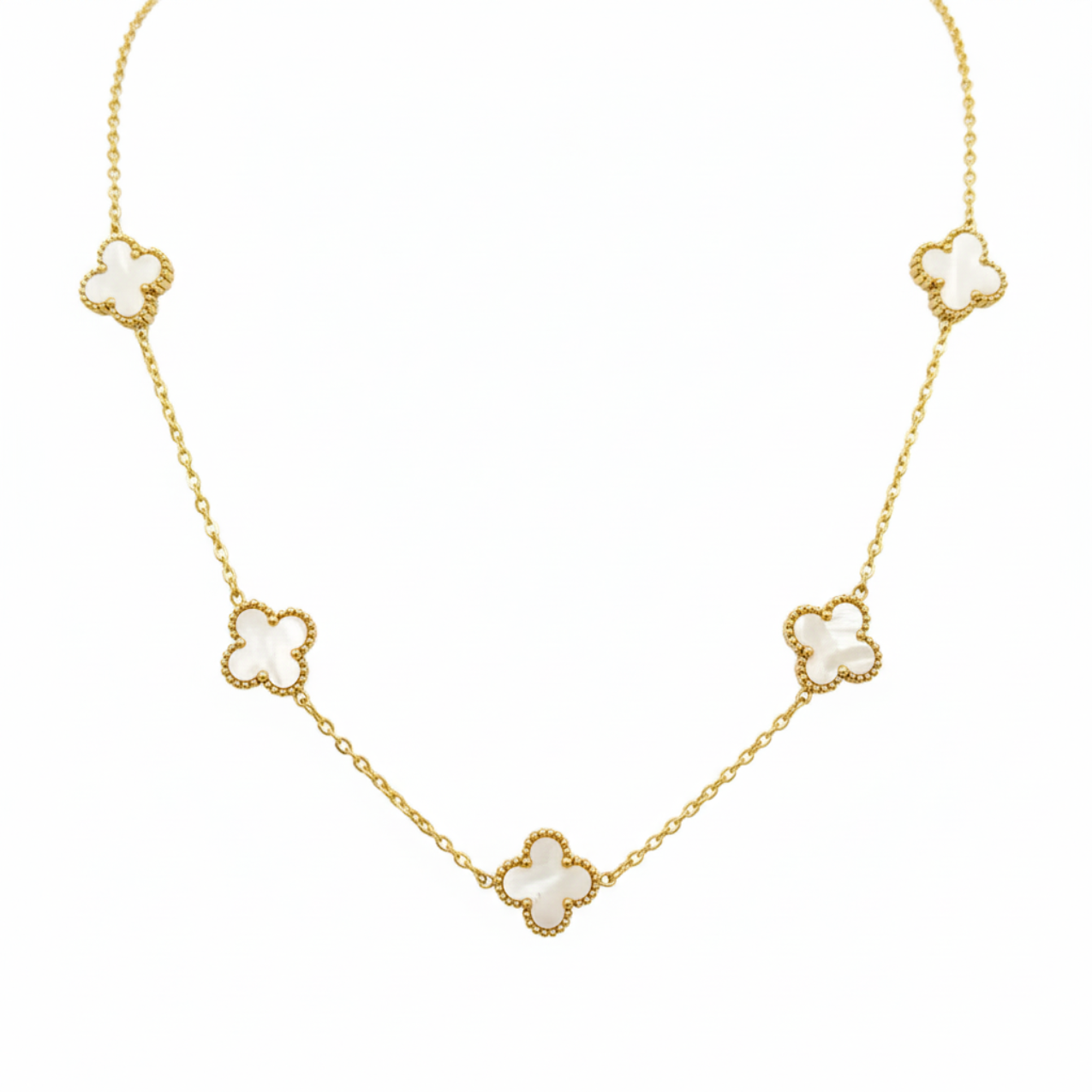 Collar de Trébol Blanco Nácar 100% Acero Bañado en Oro 18K