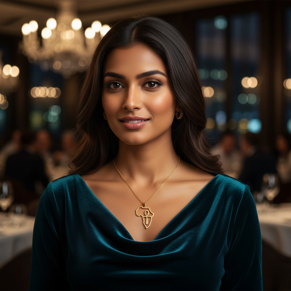 Collar con Colgante de Mapa de África y Anj (Cruz Egipcia) 100% Acero Bañado en Oro 18K