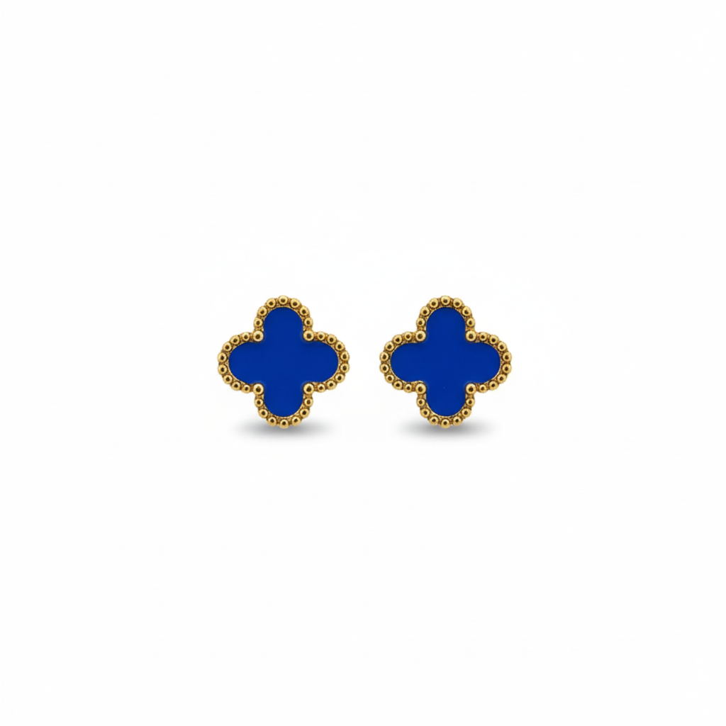 Pendientes de Botón Trébol Azul con Borde Dorado Perlado 100% Acero Bañado en Oro 18K