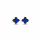 Pendientes de Botón Trébol Azul con Borde Dorado Perlado 100% Acero Bañado en Oro 18K