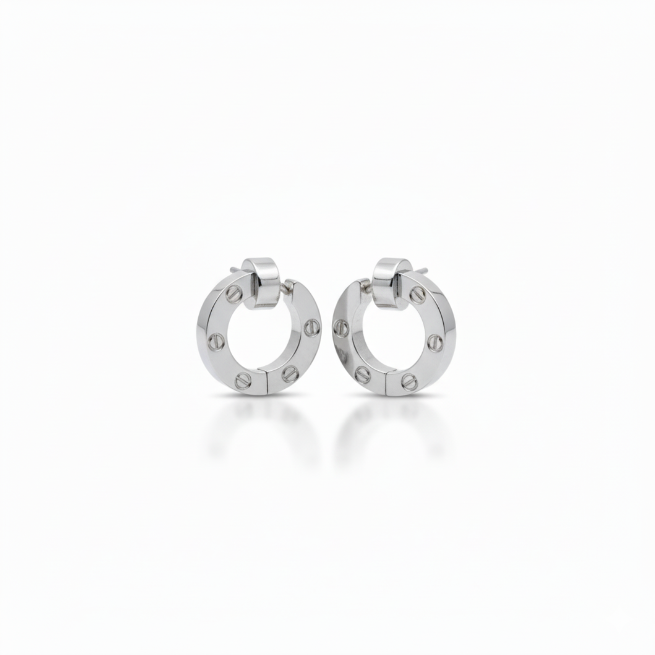 Conjunto de Joyería Círculo con Detalles de Tornillo y Circonitas 100% Acero Inoxidable Color Plata