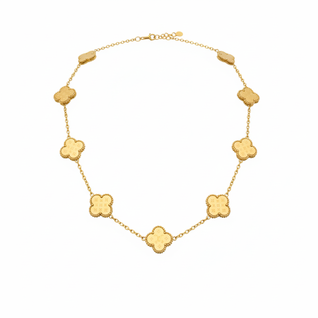 Collar de Trébol Dorados con Patrón Grabado 100% Acero Bañado en Oro 18K
