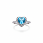 Anillo Ajustable "Corazón del Océano" con Circonita Azul y Halo – Acero Bañado en Oro Blanco 18K