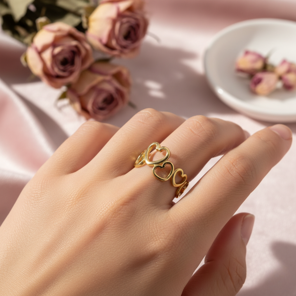 Anillo Banda de Corazones Calados 100% Acero Bañado en Oro 18K