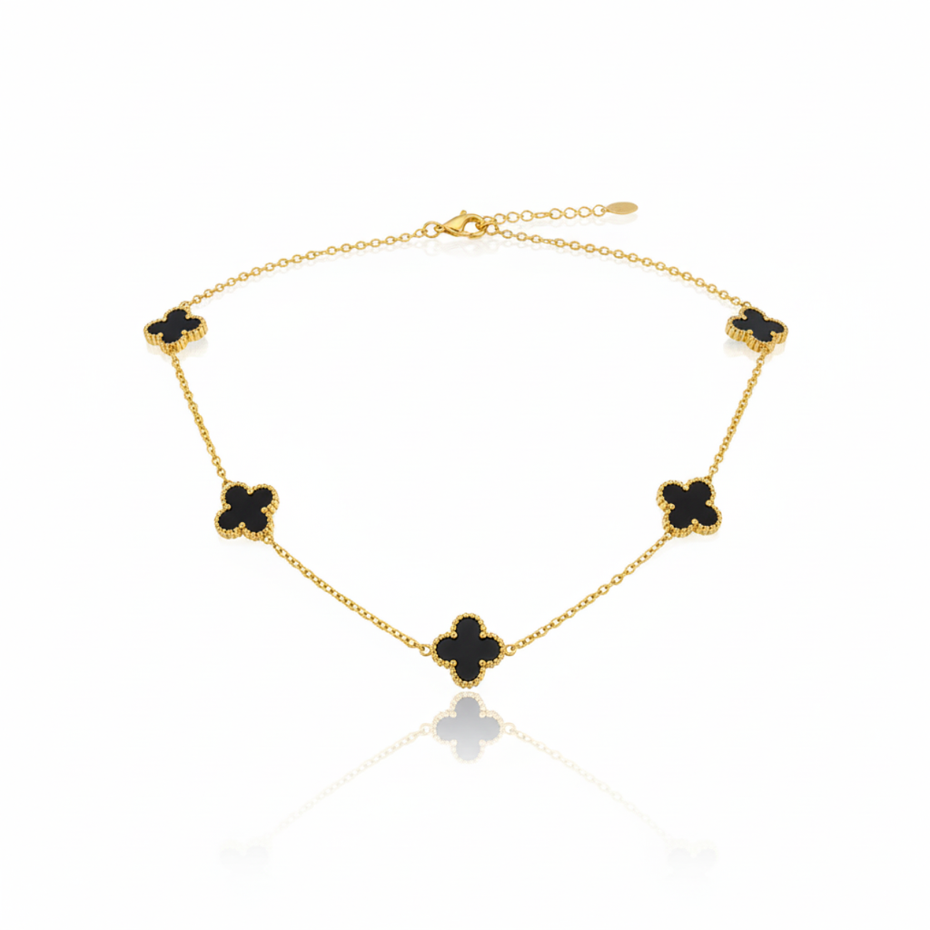 Conjunto de Joyería Trébol Negro 100% Acero Bañado en Oro 18K