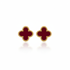 Pendientes de Botón Trébol Burdeos con Borde Dorado Perlado 100% Acero Bañado en Oro 18K