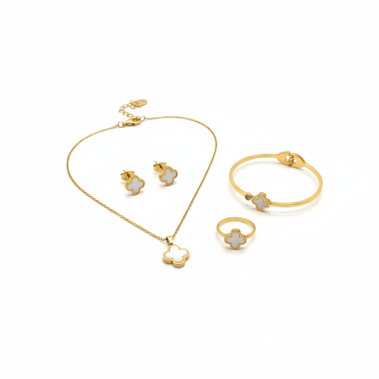 Conjunto de Joyería Trébol Blanco Nácar 100% Acero Bañado en Oro 18K