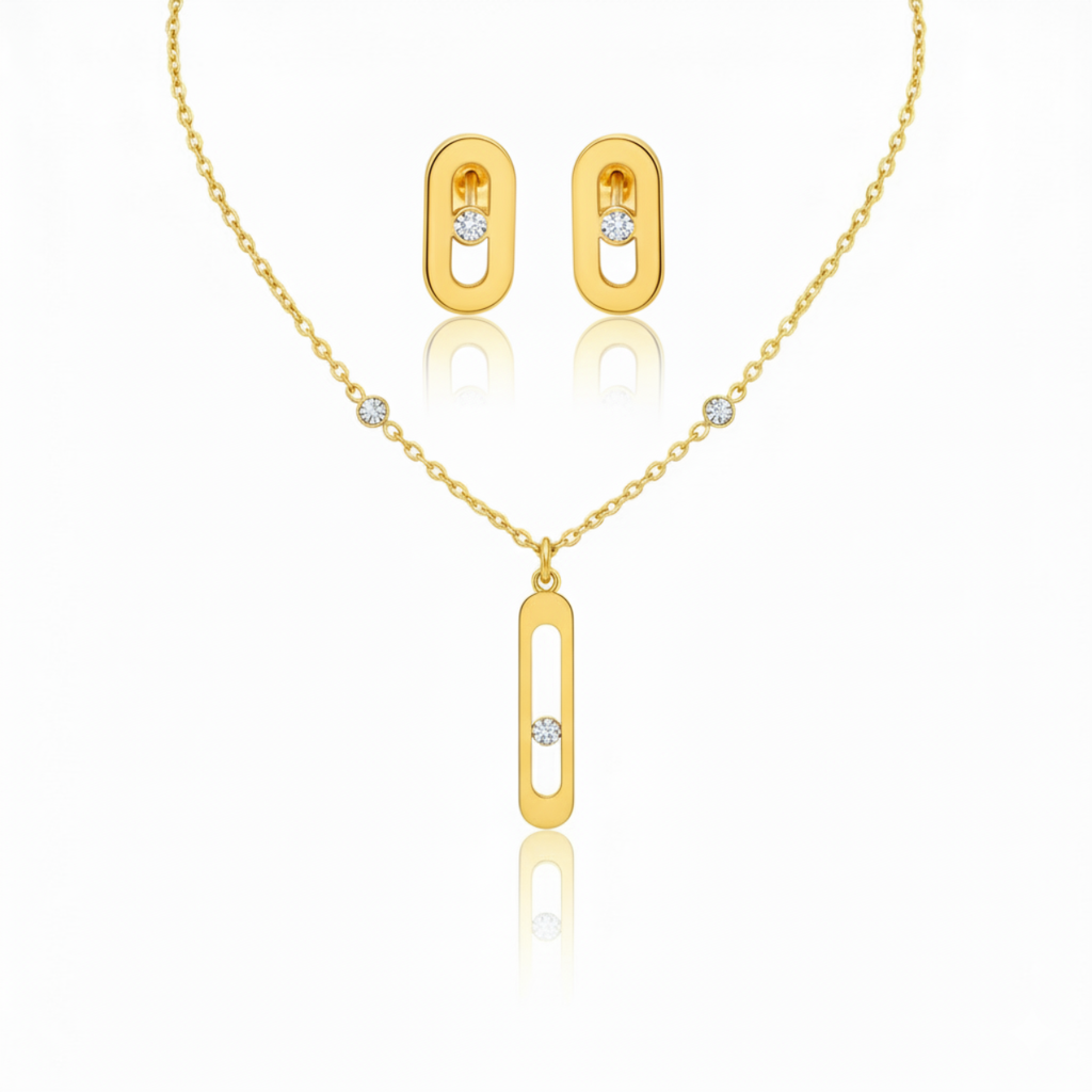 Conjunto de Joyas "Elegancia Geométrica" - Brazalete, Pendientes y Collar 100% Acero Bañado en Oro de 18K