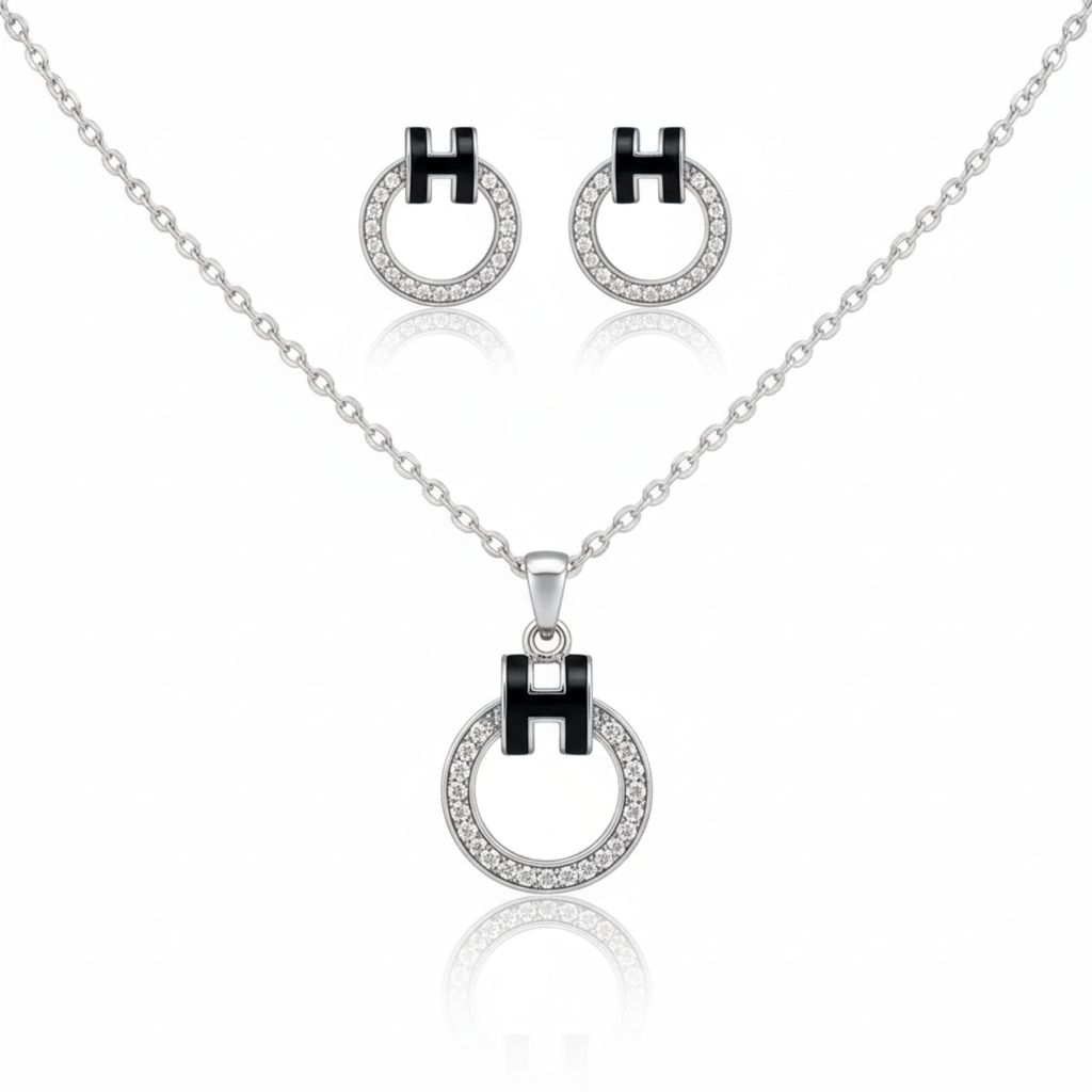 Conjunto Collar y Pendientes de Anillos con Circonitas - 100% Acero Bañado en Rodio