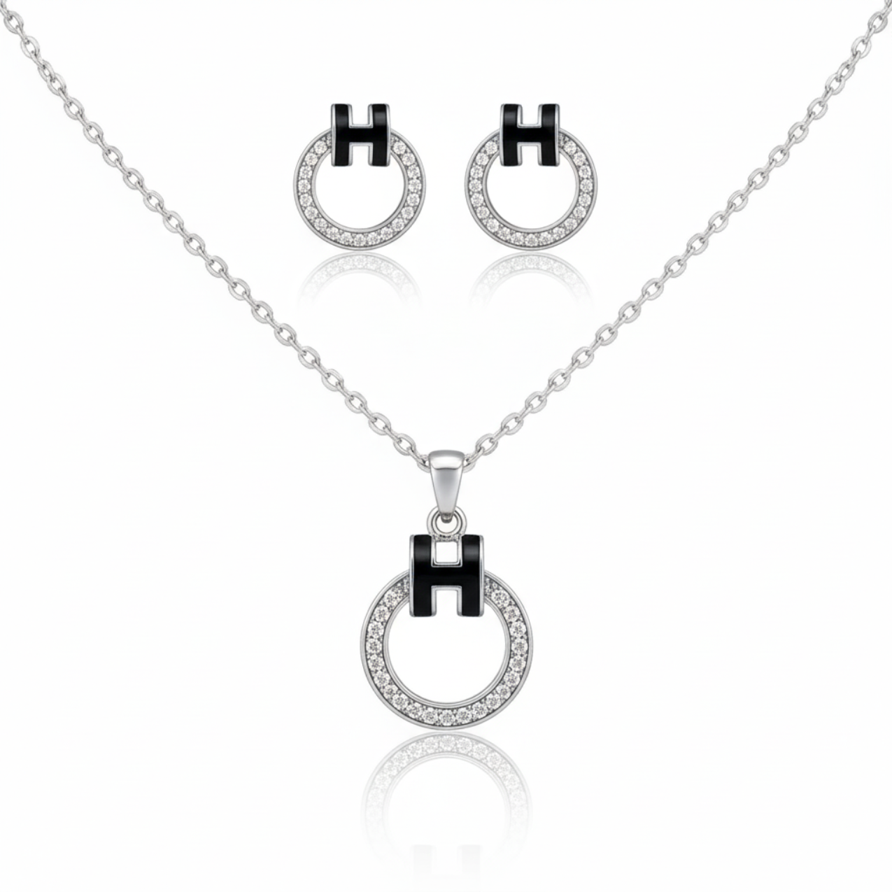 Conjunto Collar y Pendientes de Anillos con Circonitas - 100% Acero Bañado en Rodio