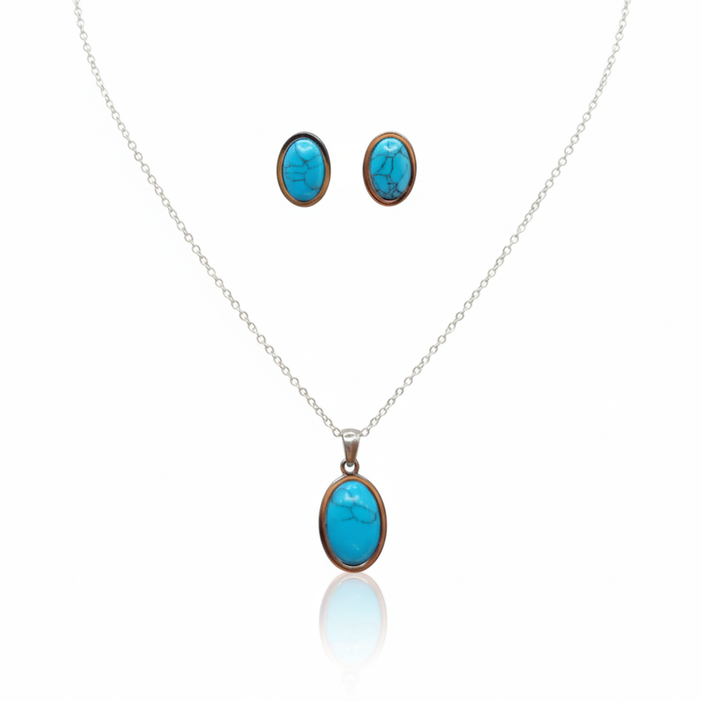 Conjunto de Joyas con Turquesa Reconstituida - Pendientes y Collar 100% Acero Bañado en Plata