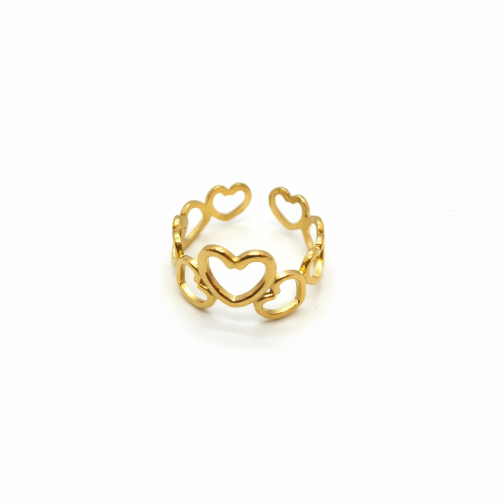 Anillo de Corazones Entrelazados - 100% Acero Bañado en Oro de 18K . Adjustable