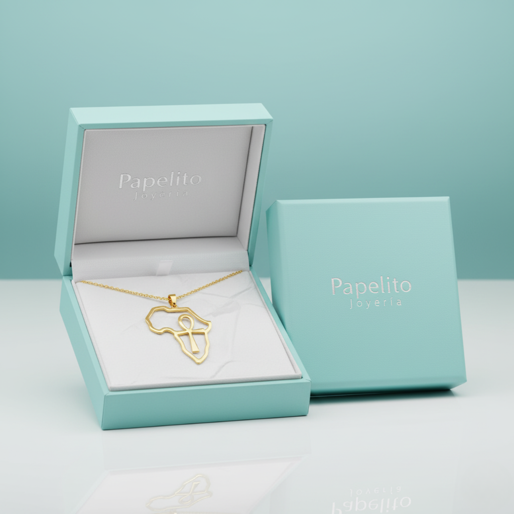 Collar con Colgante de Mapa de África y Anj (Cruz Egipcia) 100% Acero Bañado en Oro 18K