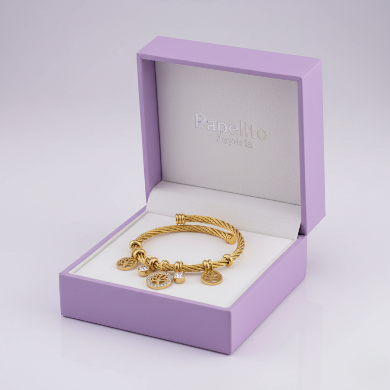Pulsera Rígida Trenzada de Acero Chapado en Oro 18K con Dijes Árbol de la Vida y Brillantes