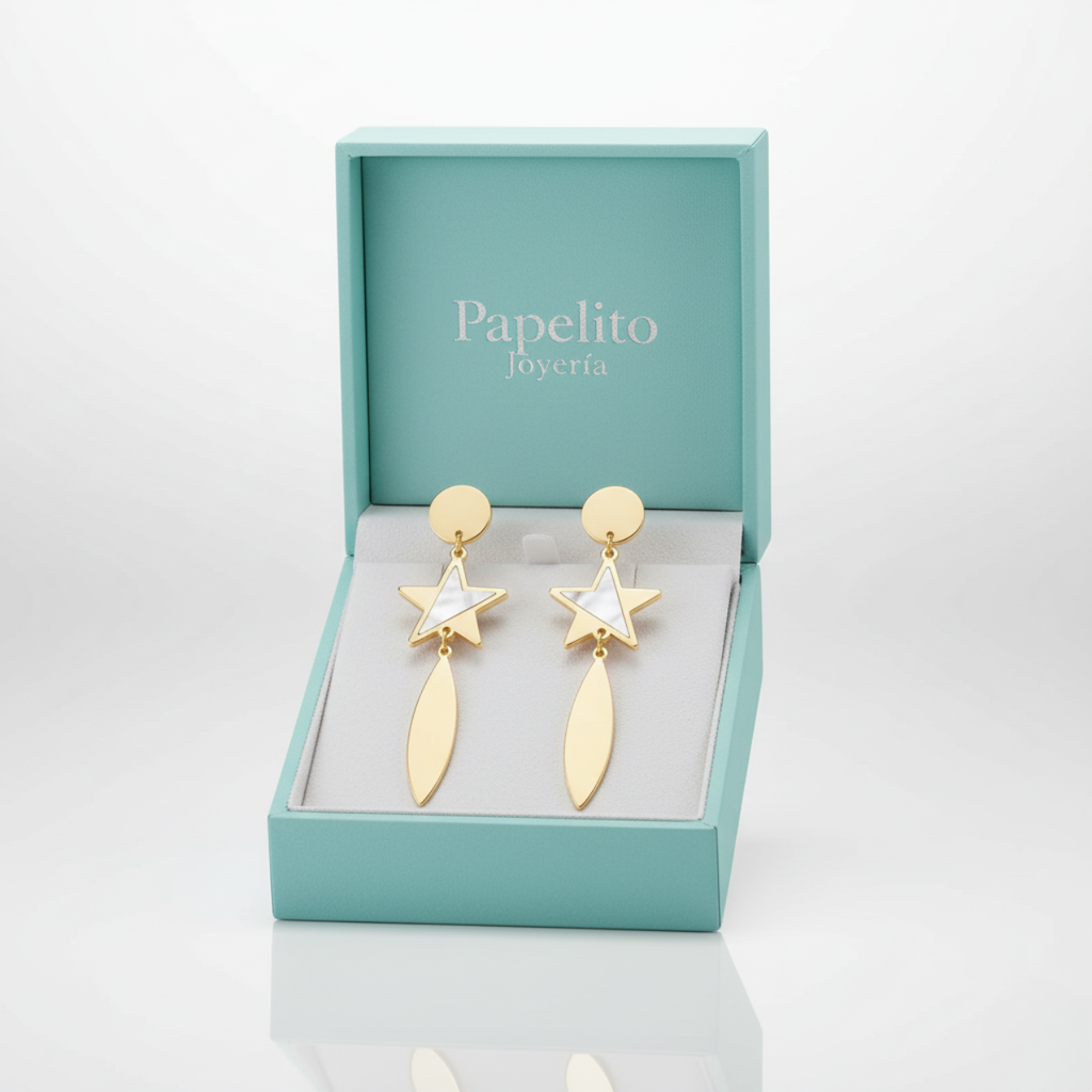 Pendientes Largos Colgantes de Estrella Nácar y Hoja 100% Acero Bañado en Oro 18K