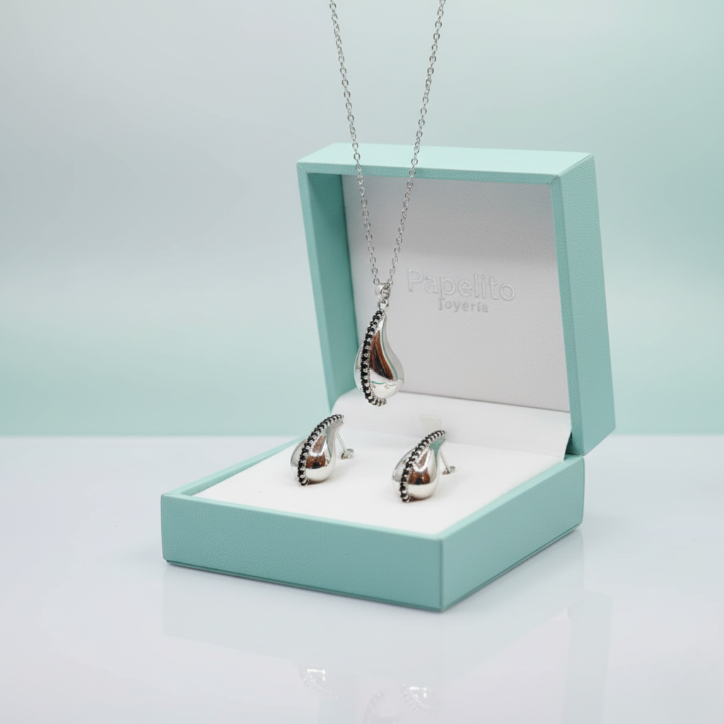 Conjunto de Collar y Pendientes con Colgante y Detalles Marrones/Negros - Acero Inoxidable