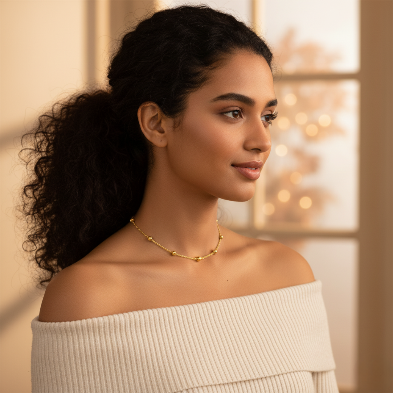 Collar de Acero Chapado en Oro 18K con Cadena Trenzada y Bolas Separadas