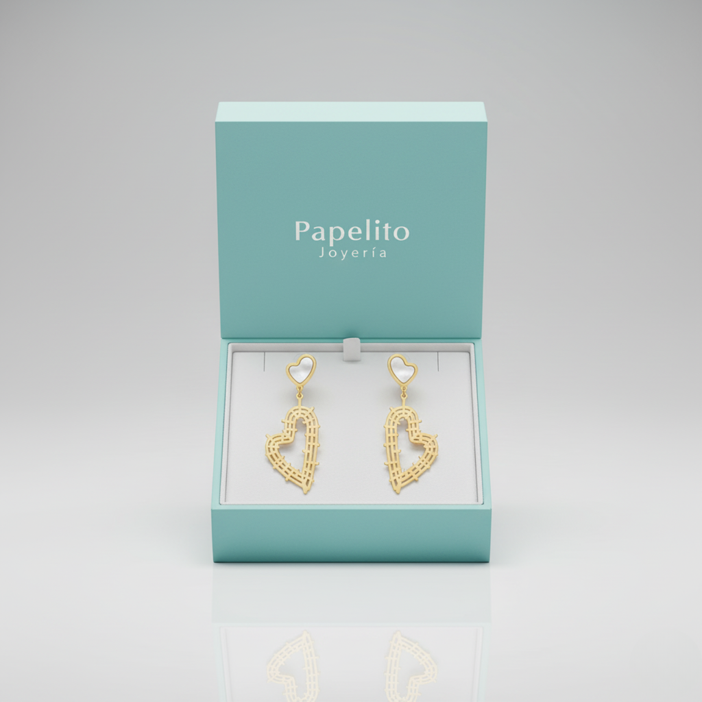 Pendientes Largos Colgantes de Corazón Nácar y Corazón Calado 100% Acero Bañado en Oro 18K