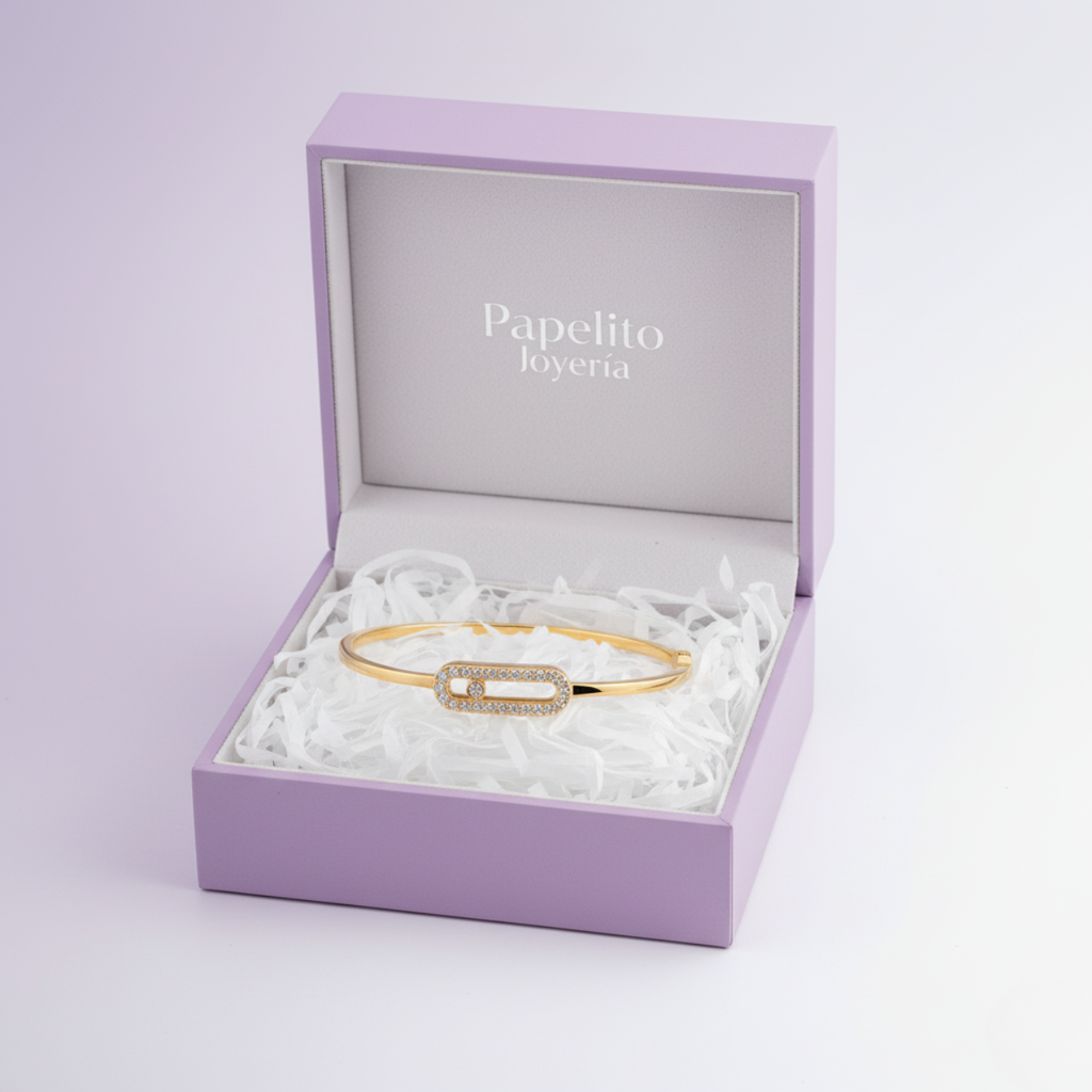 Pulsera Rígida Eslabón con Circonita Móvil 100% Acero Bañado en Oro 18K