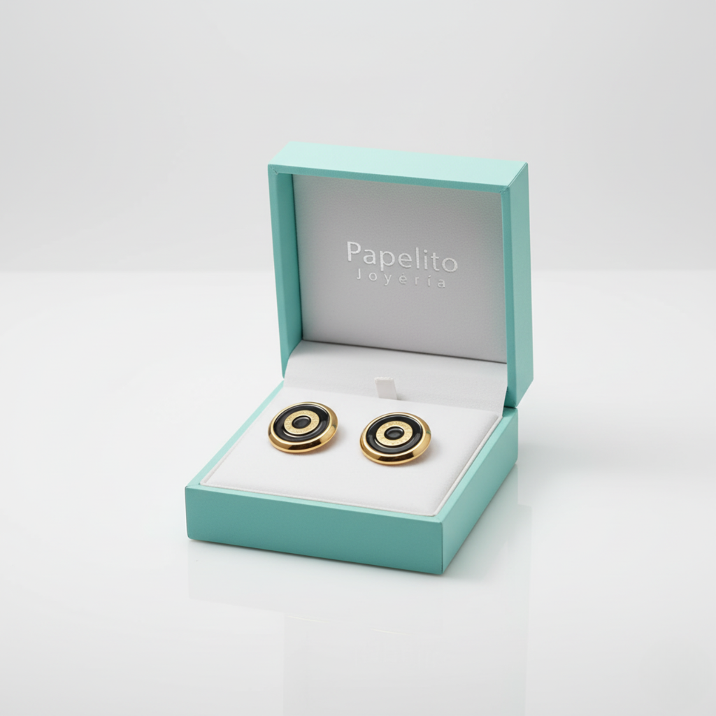 Pendientes Círculos Concéntricos Negros y Dorados 100% Acero Bañado en Oro 18K