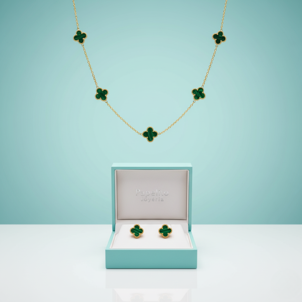 Conjunto Trébol de la Suerte Verde Malaquita - Acero Bañado en Oro 18K