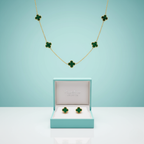 Conjunto Trébol de la Suerte Verde Malaquita - Acero Bañado en Oro 18K