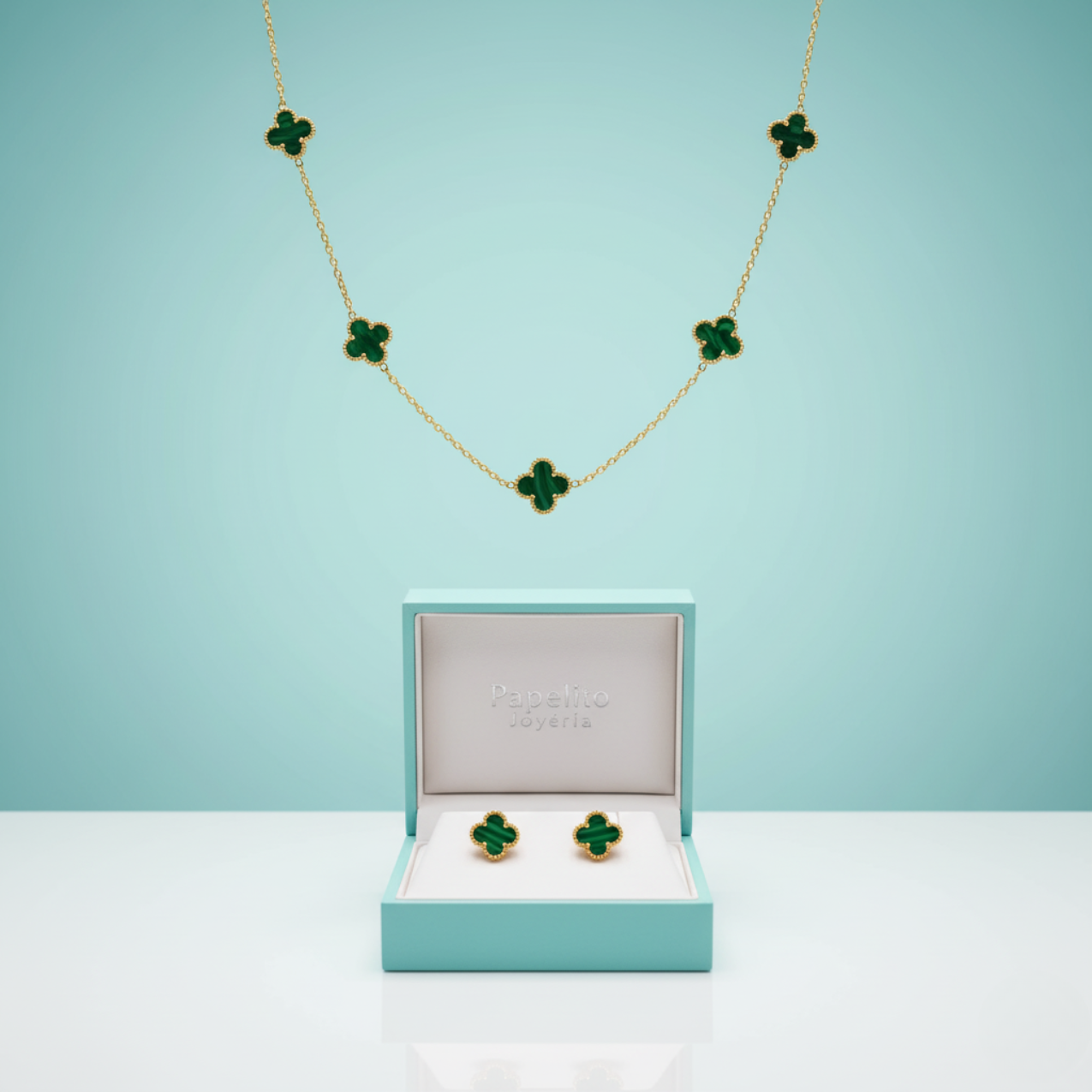 Conjunto Trébol de la Suerte Verde Malaquita - Acero Bañado en Oro 18K