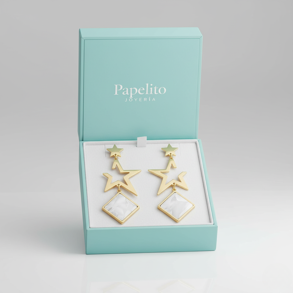Pendientes Largos Colgantes de Estrellas y Rombo Nácar 100% Acero Bañado en Oro 18K